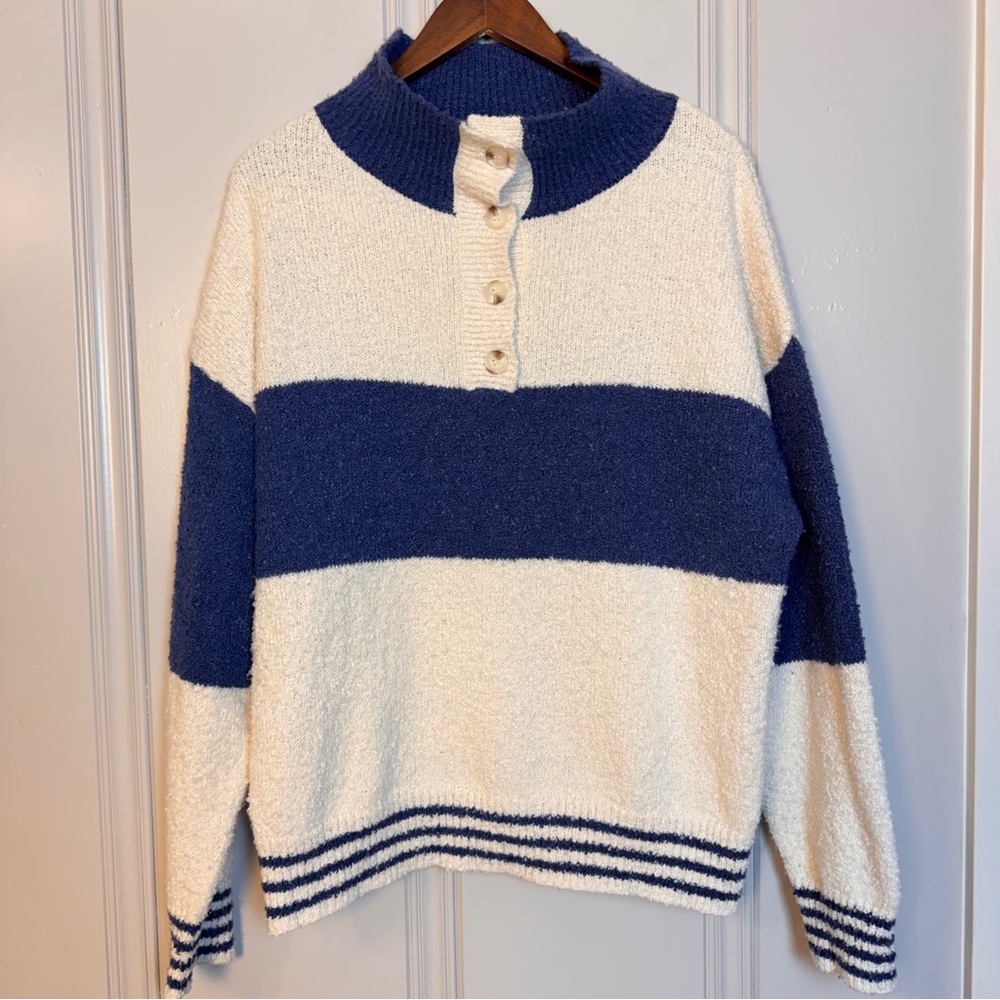 Altar'd State Blue and Cream Rugby Striped Button Up Sweater Tufted‎ Textured L